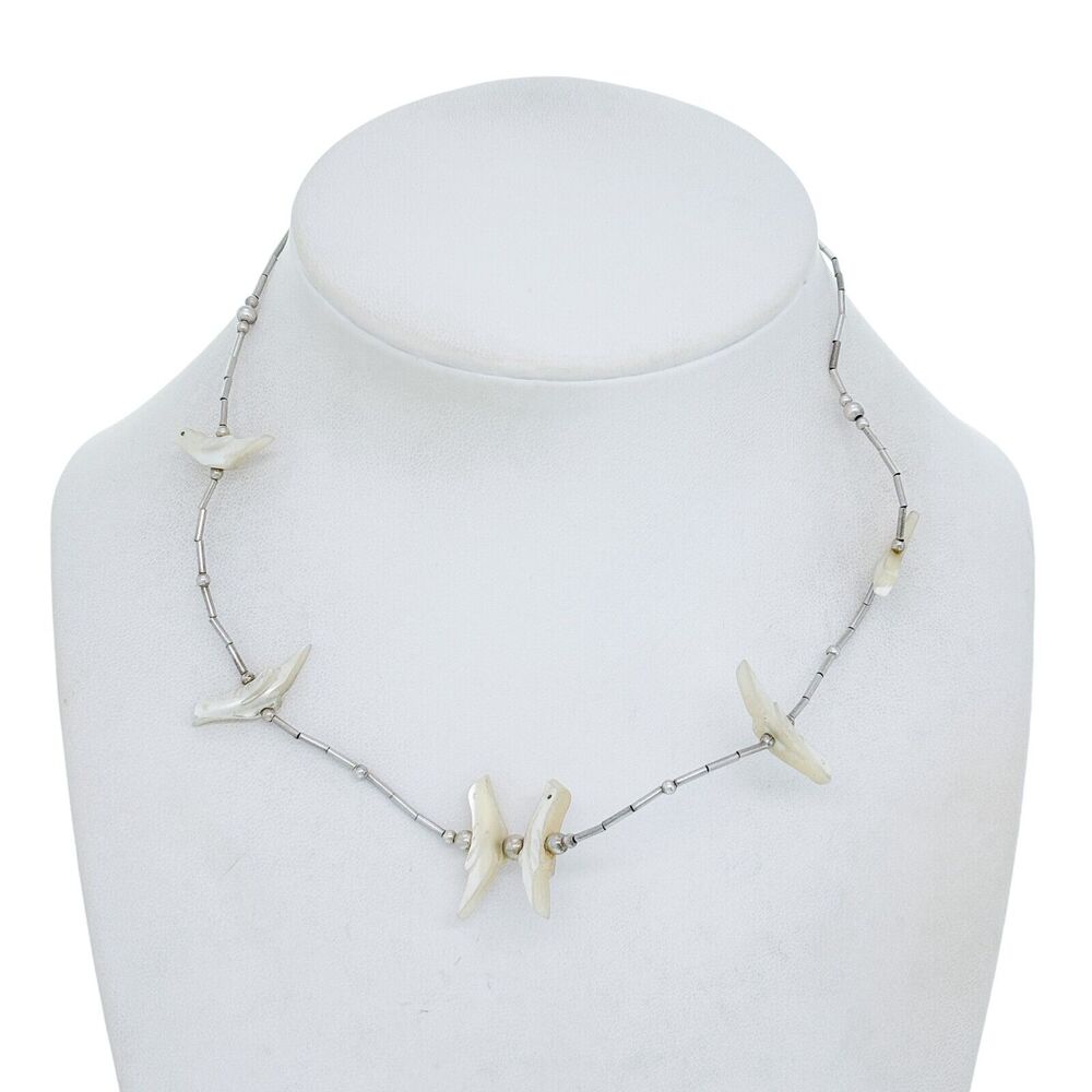 Estate Liquid Sterling Silver 925 Mother of Pearl Bird Fetish Necklace 15.5"